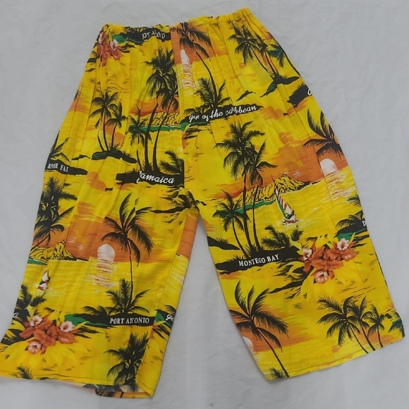 Tropical Yellow Beach Shorts Unisex Elastic Waist Palm Trees Hi Rise Jamica - Picture 3 of 7